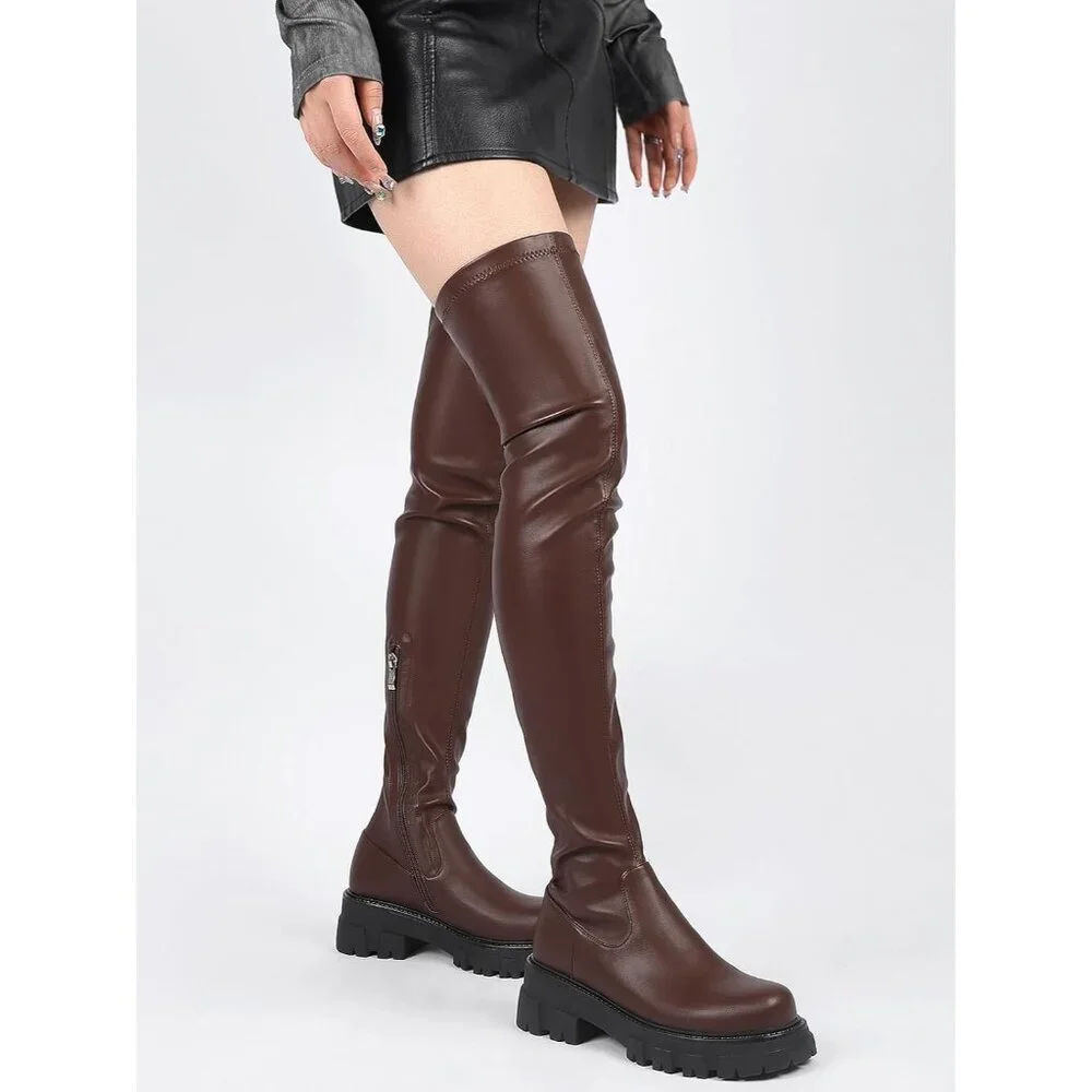 Women's Brown-Pu Leather High Thigh Over-the-Knee Stretch lug Sole Heel Boot